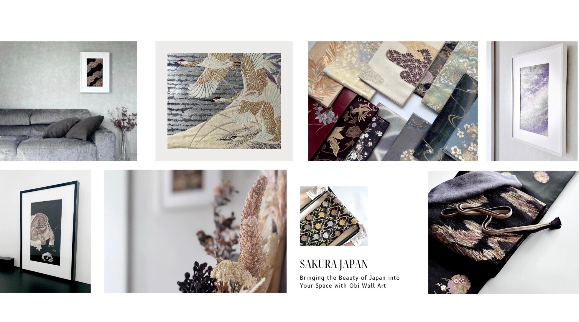 SAKURA JAPANの帯を切らずに額装した帯ウォールアートコレクション｜和モダンインテリア事例